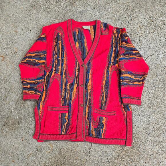 Vtg 90s COOGI Abstract Multicolor 3D Pattern Heavyweight Knit Cardigan Sweater M - Picture 1 of 7
